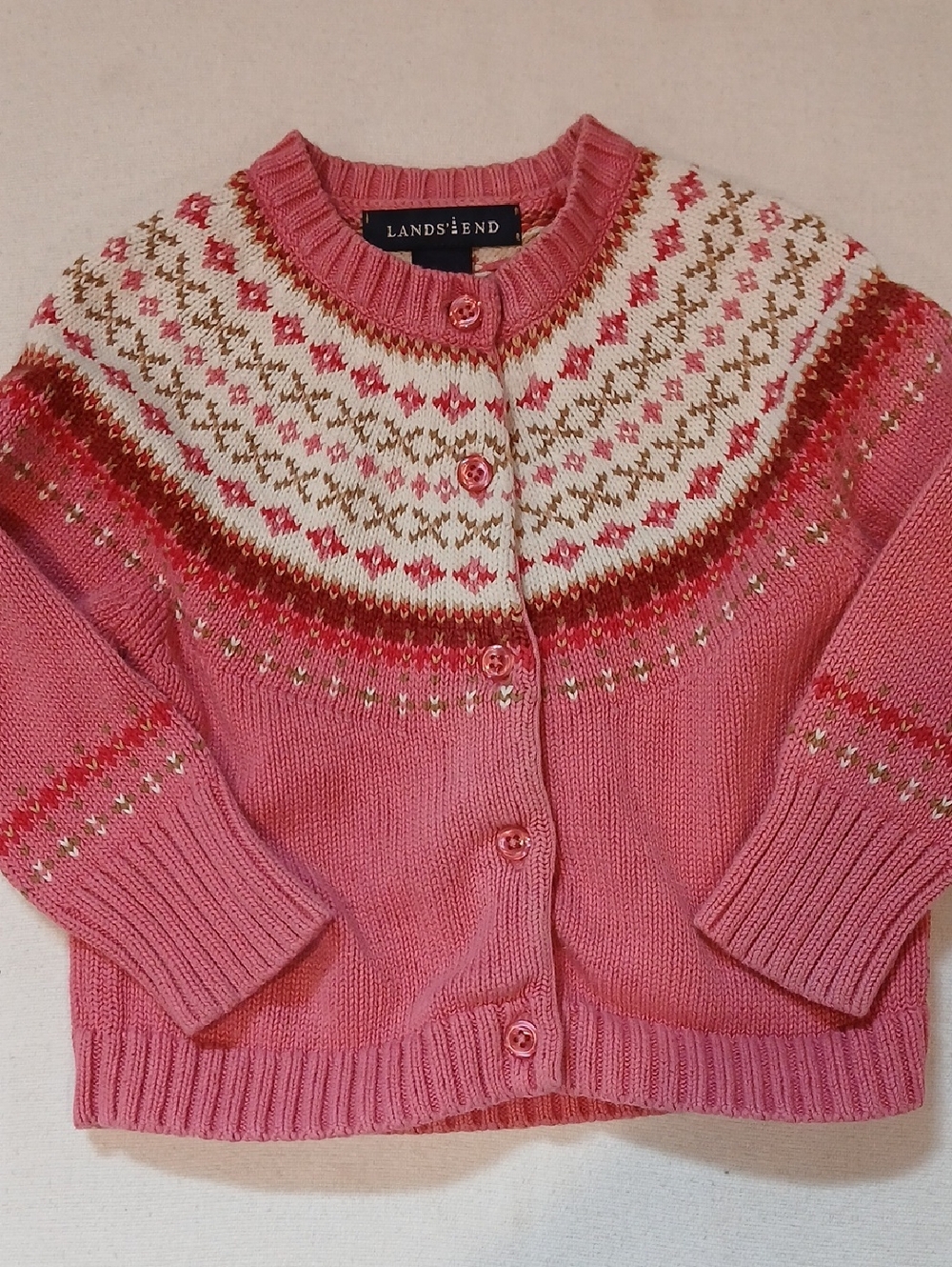Lands' End Pink Fair Isle Button-Front Cardigan